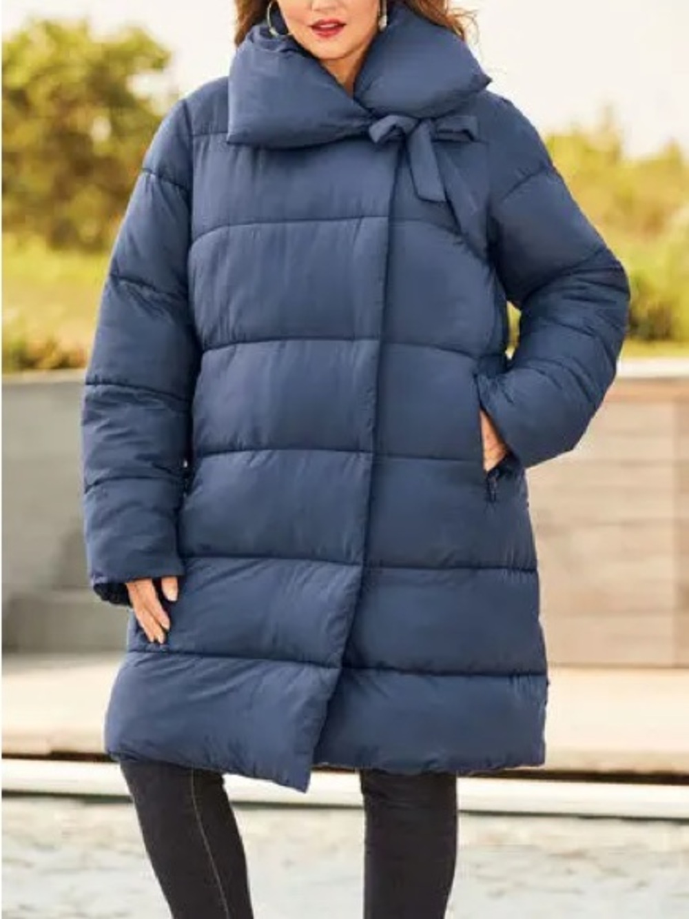 ROMAN’S Quilted Long Puffer Coat w/Bow Collar in Navy, Size 18/20, NEW in Pkg